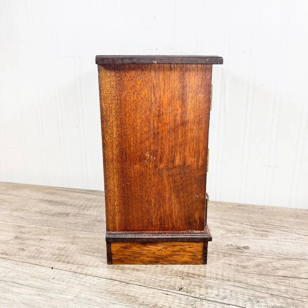 Vintage‎ Wood Musical Jewelry Box Armoire Cabinet Mesh Doors Brown Gold Hardware